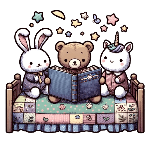 Peluches leyendo un libro en una cama